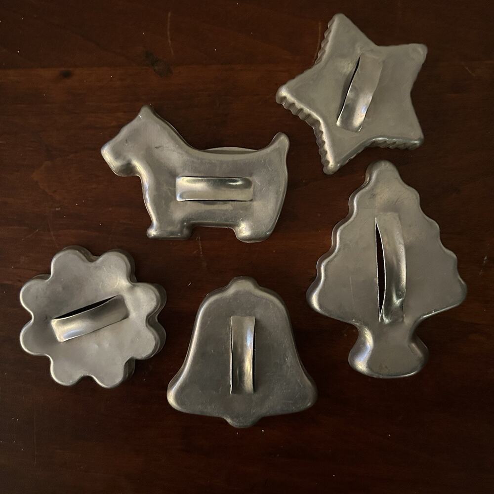Vintage Aluminum Cookie Cutters Lot 5 Flower Bell Dog Star Christmas Tree
